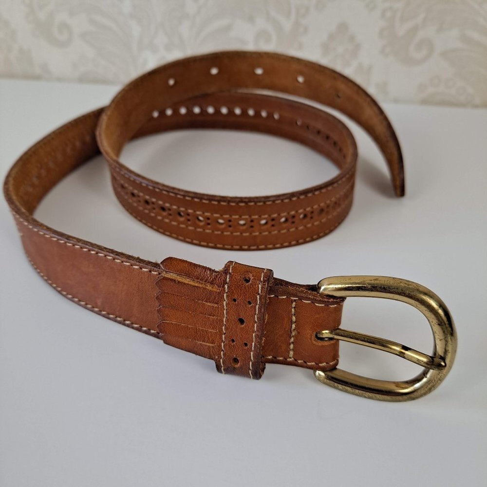 Charter Club Petites Women's M Brown Leather Belt Fringe Detail Gold Tone Buckle